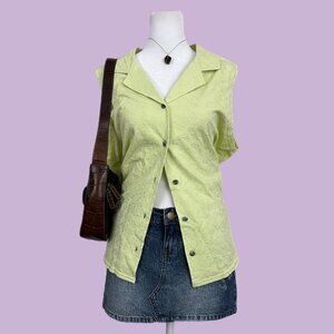 chartreuse floral embroidered y2k sleeveless button up shirt preppy cottagecore